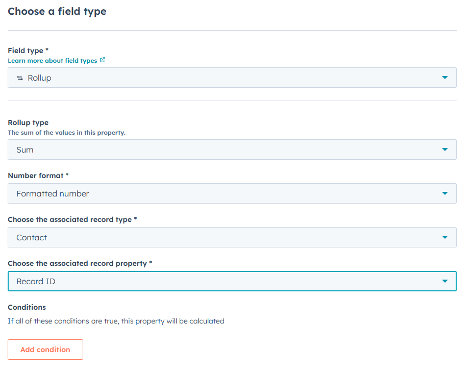 Screenshot showing the configuration of a rollup property to track changes
